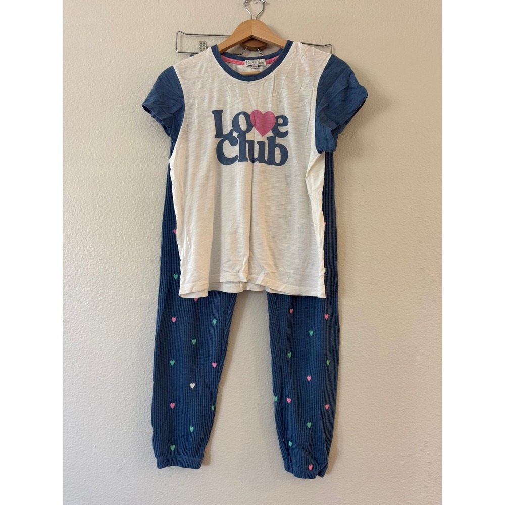PJ‎ Salvage Love Club Pajama Set Waffle Knit Heart Joggers XS Blue White Exc